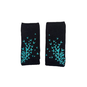 Fingerless Embroidered Merino Gloves w. Butterfly Silhouette