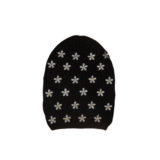 Merino Beanie w. Flowers All Over & Crystal Center