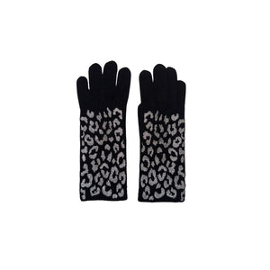 Merino Full Finger Gloves w/ Embroidered Lurex Leopard Print