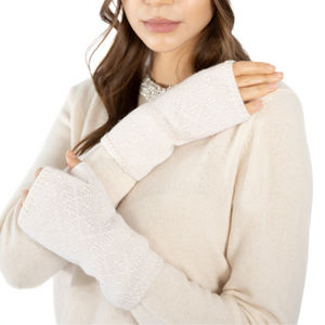 Cashmere Short Fingerless Gloves w. Pearl Grid - Bleached White