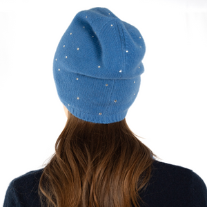 Cashmere Slouchy Beanie w. Scattered Swarovski Crystals - Cobalt Blue