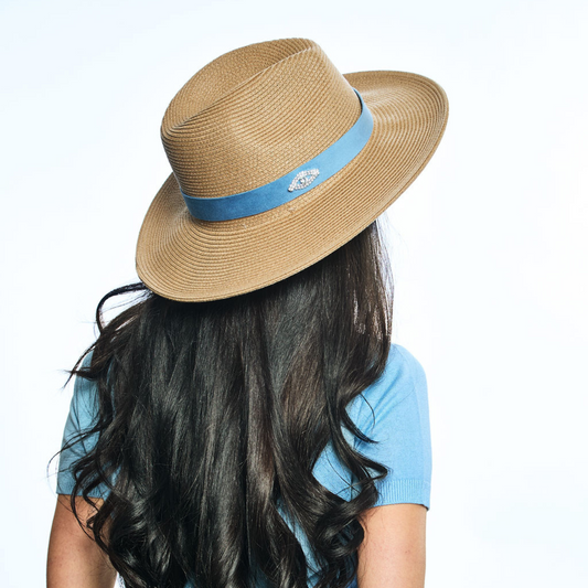 Summer Raffia Hat with Ribbon Band and Evil Eye Embellishment
