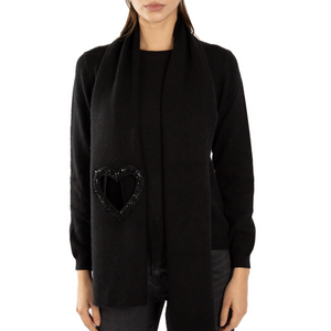 Cashmere Scarf w. Heart Cutout & Crystal Embellishment - Black