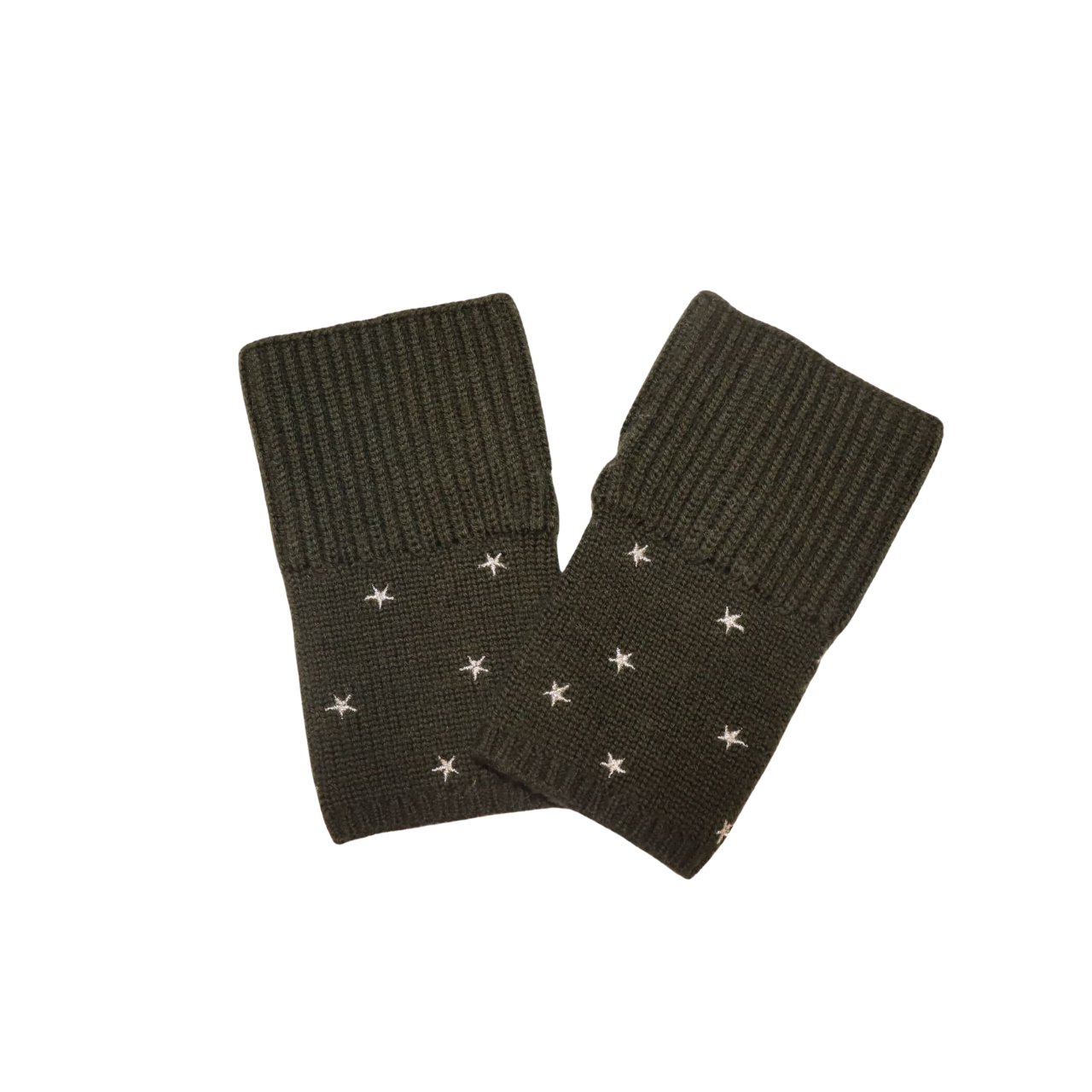 Short Chunky Rib Stitch Merino Wool Gloves w. Embroidered Stars