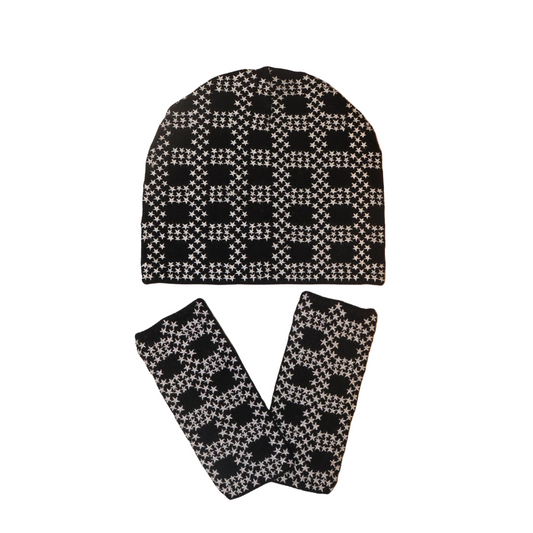 Merino Hat and Fingerless Glove Set with Lurex Star Grid