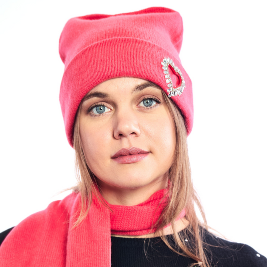 Cashmere Cuffed Beanie w. Heart Cutout & Beaded Crystal Embellishment - Cherry