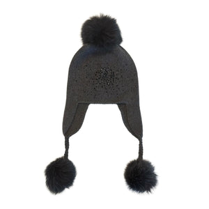 Earflap Cashmere Hat w. Black Scattered Starburst, Strings, & Fur Pom-Pom