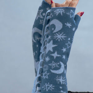 Cashmere Long Fingerless Gloves w. Moon & Stars Intarsia & Fringe Along the Side