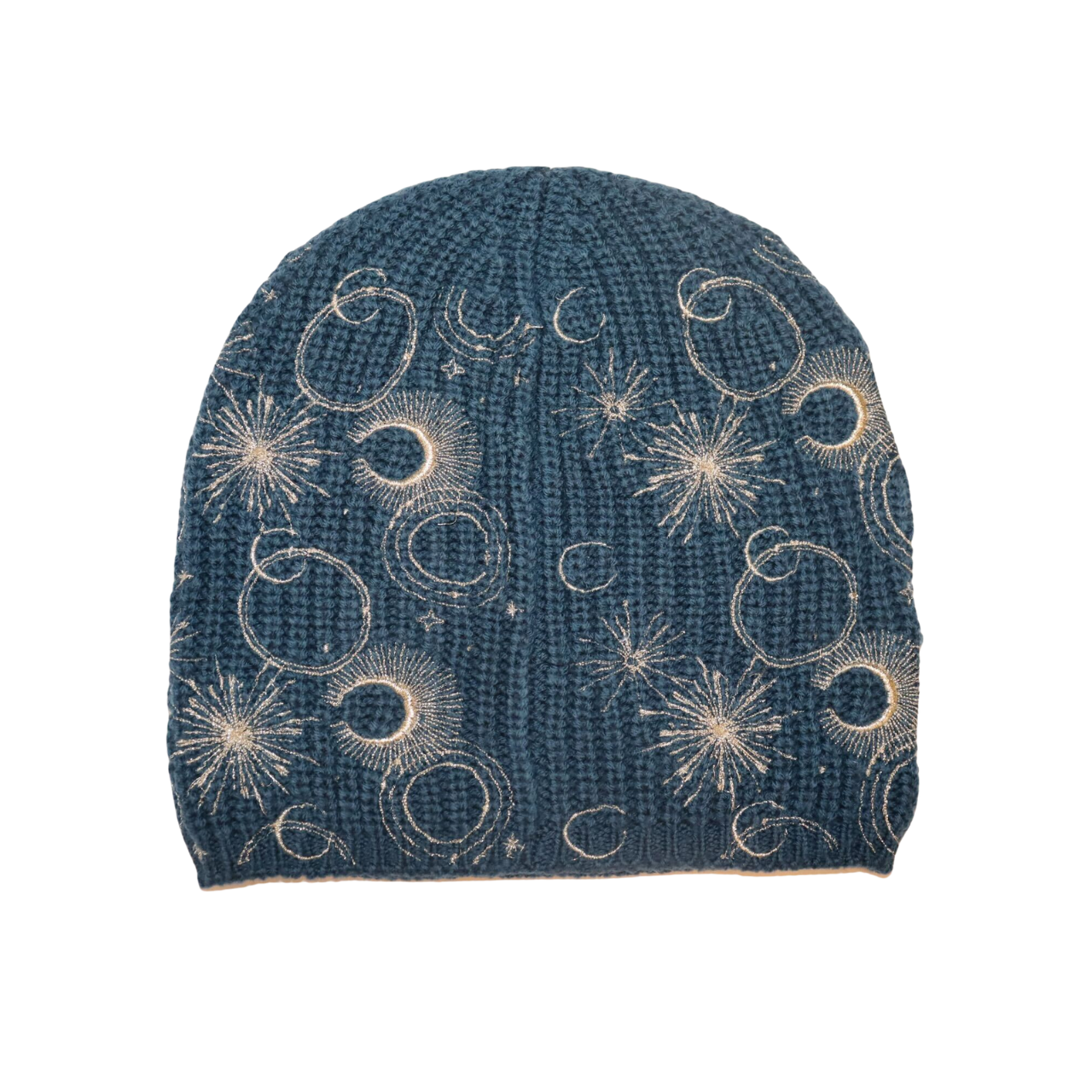 Cashmere Ribbed Beanie with Scattered Crescent Moon and Stars