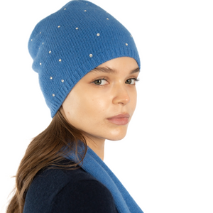 Cashmere Slouchy Beanie w. Scattered Swarovski Crystals - Cobalt Blue