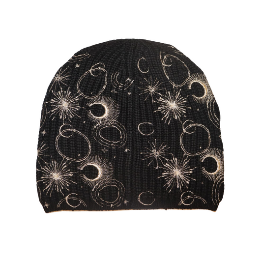 Cashmere Ribbed Beanie with Scattered Crescent Moon and Stars