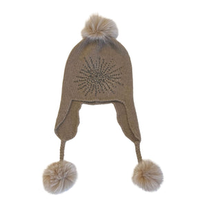 Earflap Cashmere Hat w. Studded Starburst, Strings, & Fur Pom-Poms