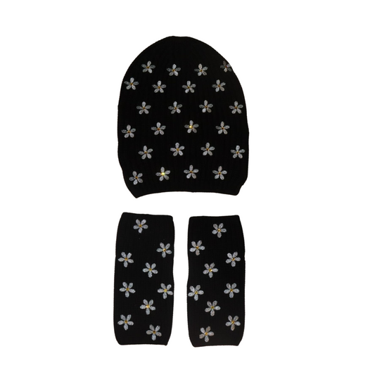 Merino Beanie and Fingerless Glove Set with Flowers All Over