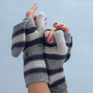 Flip Top Cashmere Mittens w. Horizontal Rib & Stripes