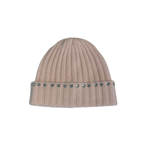 Cashmere Ribbed Cuffed Beanie w.  Heart Crystals