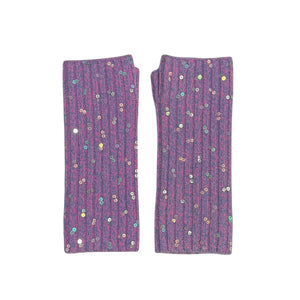 Cashmere Short Fingerless Ribbed Gloves w. Scattered Sequins