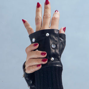 Fingerless Leather Gloves w. Scatter Crystal & Pearl & Cashmere Cuff