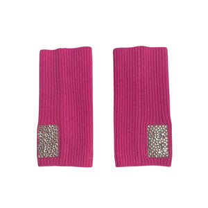 Short Fingerless Ribbed Gloves w. Swarovski Crystal Tab