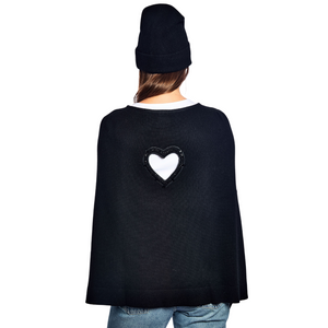 Cashmere Long Cape w. Covered Snap Buttons w. Swarovski Embellished Crystal Heart Cutout