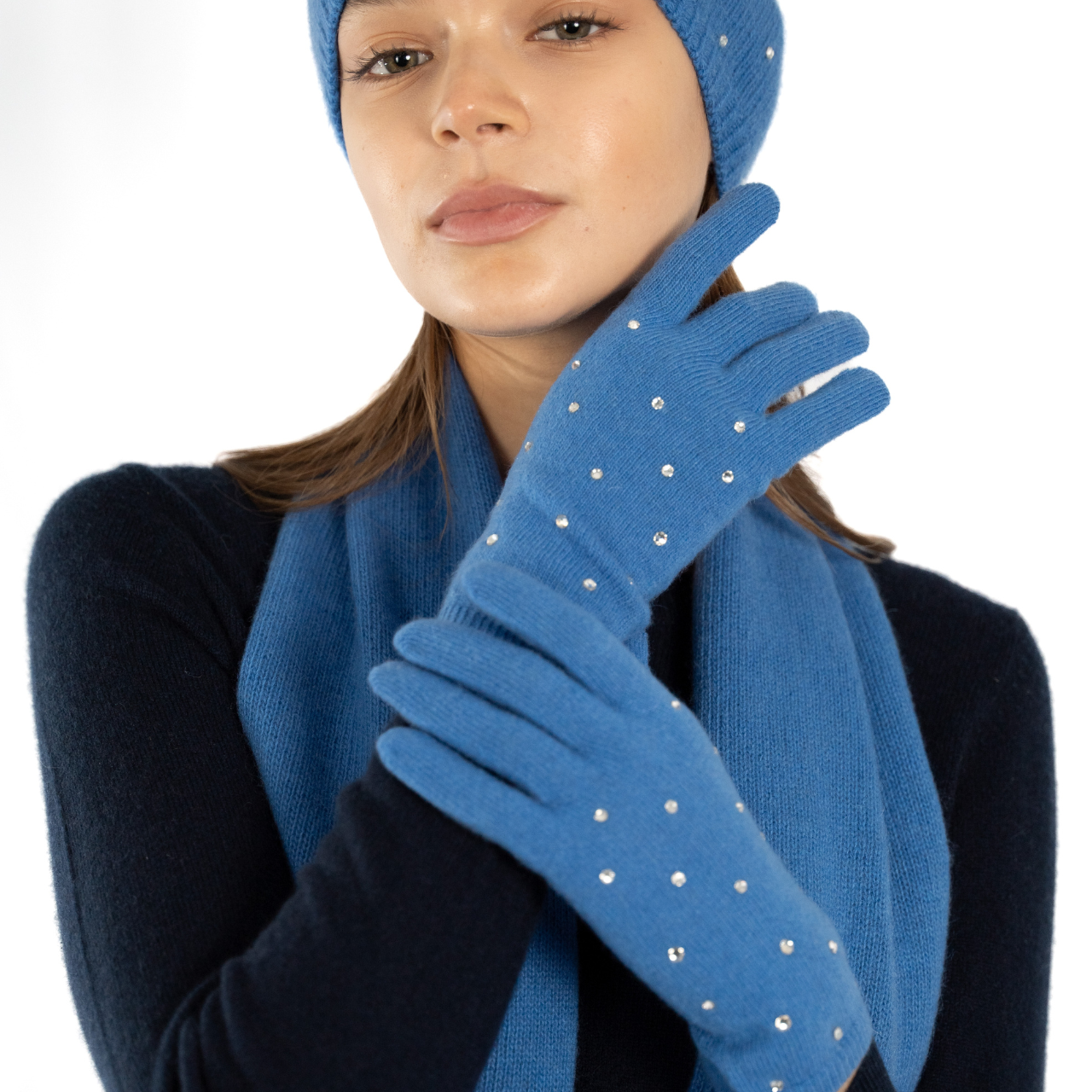 Cashmere Full Finger Cashmere Gloves w. Swarovski Scattered Crystals - Cobalt Blue