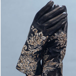 Leather Gloves w. Gold Floral Design