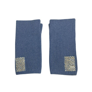 Short Fingerless Ribbed Gloves w. Swarovski Crystal Tab