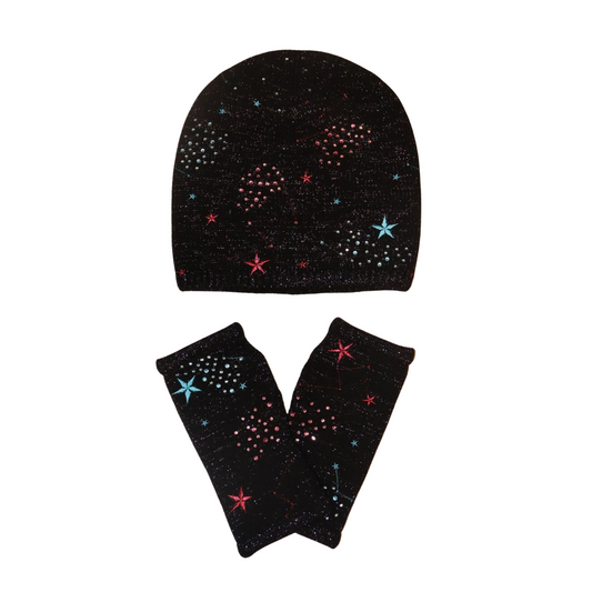 Merino Beanie and Short Fingerless Glove Set w. Lurex Constellation Design