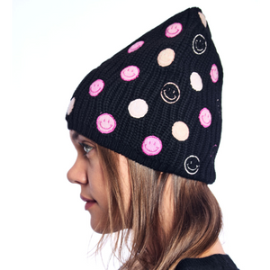 Ribbed Merino Baggy Beanie with Smile Faces - Black w. Pink