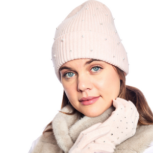 Cashmere Ribbed Cuffed Beanie w. Scattered Beaded Pearls & Crystals - Mallow Pink