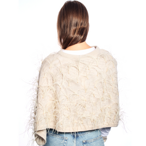 Cashmere Asymmetrical Crewneck Cable Knit Poncho w. Ostrich Feathers All Over