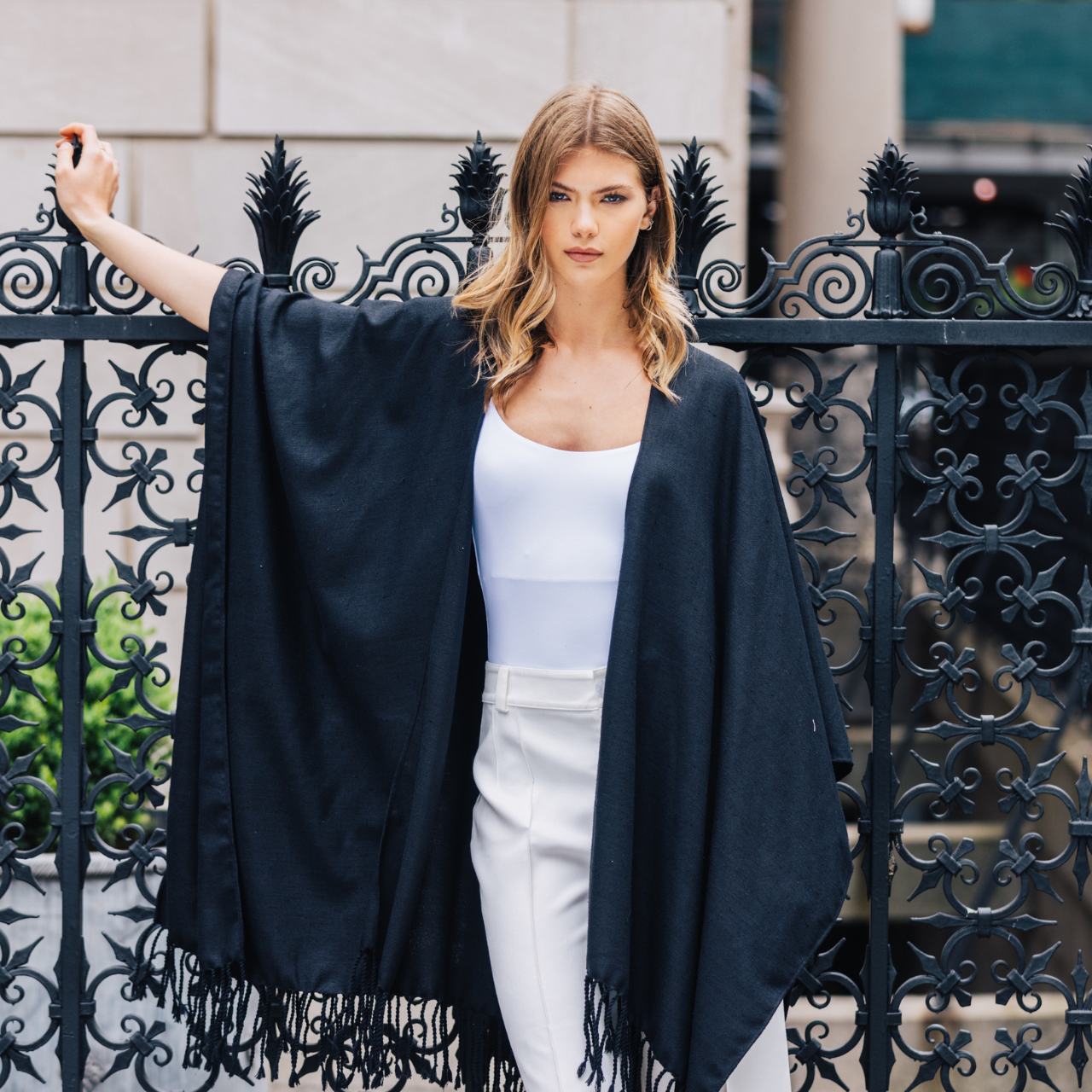 Linen Cover Up Wrap with Fringe and Beaded Sunburst