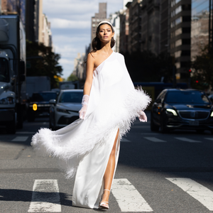 Bridal Off the shoulder silk long cape w. Ostrich Feathers