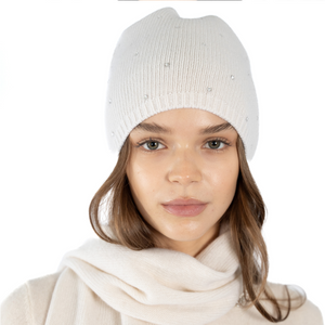 Cashmere Slouchy Beanie w. Scattered Swarovski Crystals - Bleached White