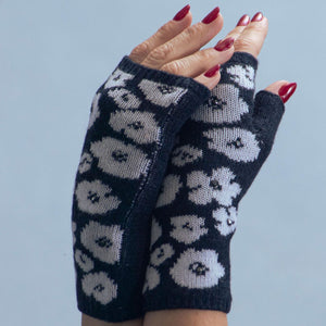 Short Fingerless Merino Gloves w. Intarsia & Crystal Poppies