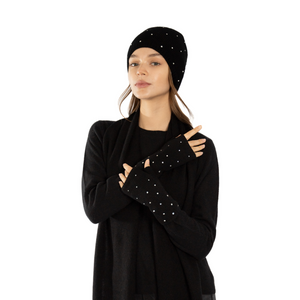 Cashmere Short Fingerless Gloves w. Scattered Swarovski Crystals - Black