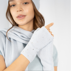 Cashmere Short Fingerless Gloves w. Scattered Swarovski Crystals - Cloud Blue