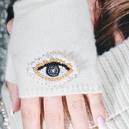 Cashmere Long Fingerless Gloves w. Hand Embroidered Evil Eye Pearl
