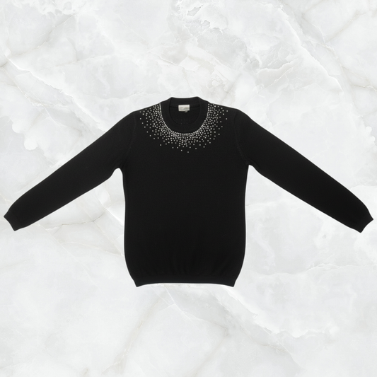 Merino Fine Wool Crewneck Sweater with Scattered Crystal Neckline