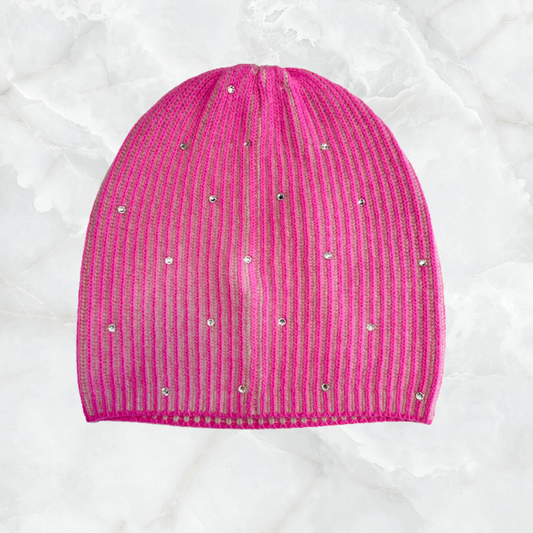 Two Tone Cashmere Baggy Beanie with Scattered Crystals - Hot Pink