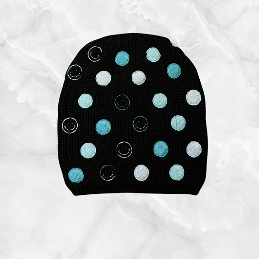 Ribbed Merino Beanie with Smiley Faces