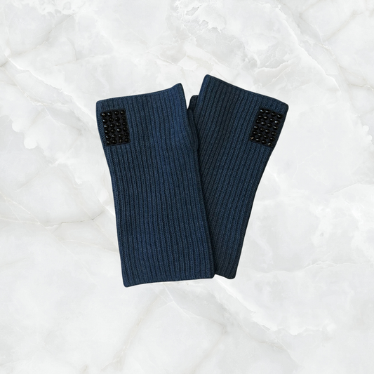 Men's Short Fingerless Ribbed Cashmere Gloves with Studded Tab