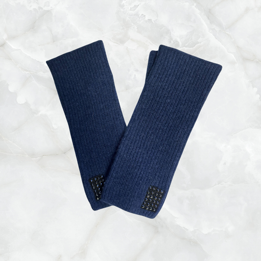 Men's Long Fingerless Ribbed Cashmere Gloves w. Studded Tab