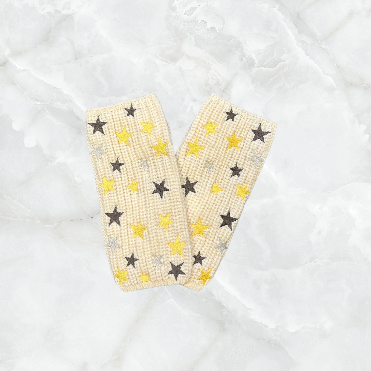Short Chunky Rib Stitch Merino Wool Gloves with Embroidered Stars
