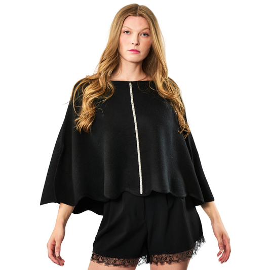 Cashmere Wool Blend Poncho with Rhinestone Stripe - Black