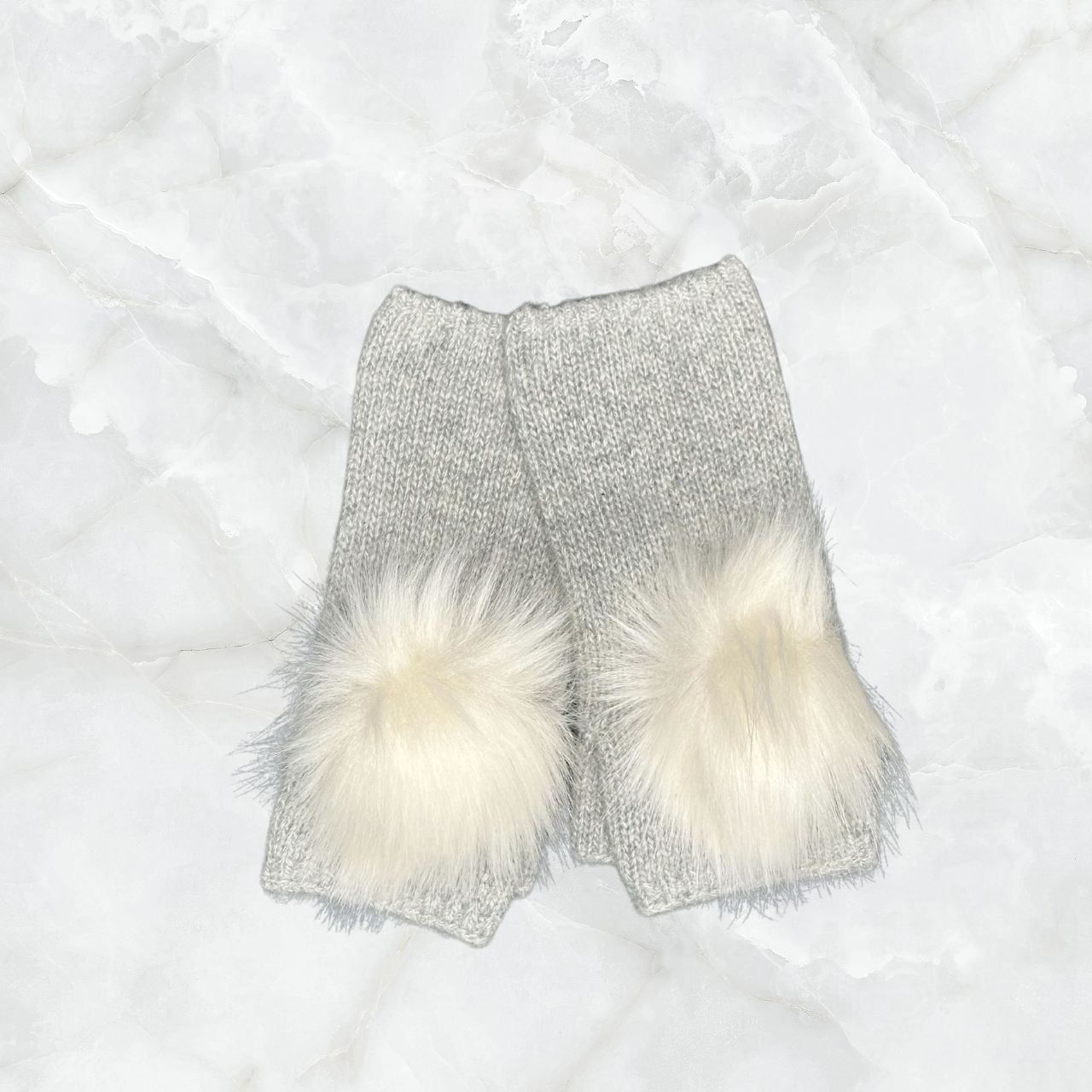 Cashmere Short Fingerless Gloves w. Faux Fur Pom Poms