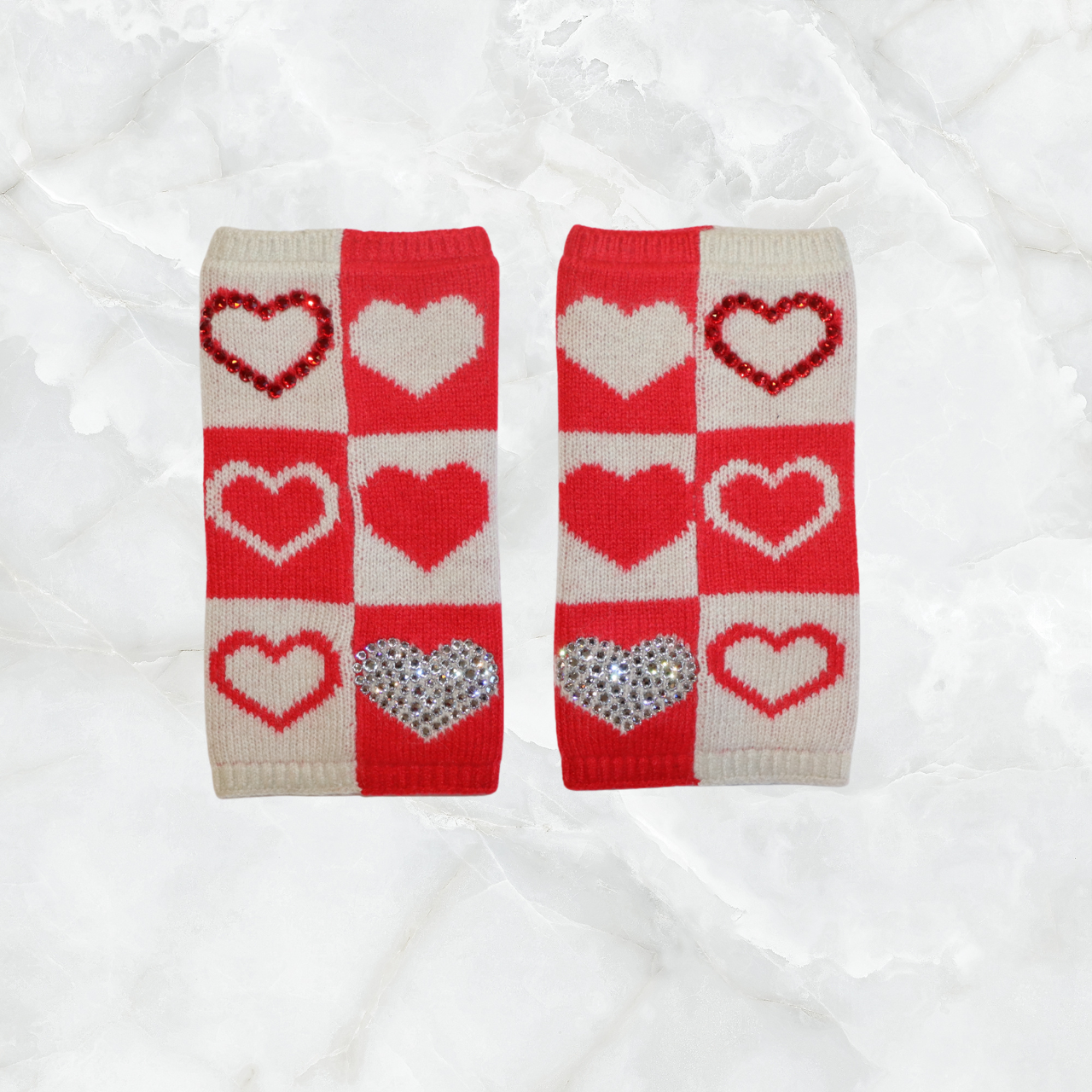 Cashmere Short Fingerless Gloves w. Heart Grid