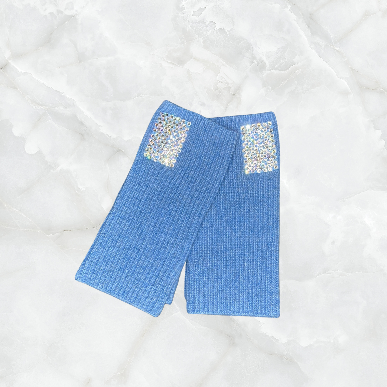 Short Fingerless Ribbed Gloves w. Swarovski Crystal Tab