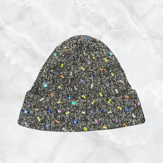 Cashmere Ribbed Cuffed Beanie w. Scattered Sequins