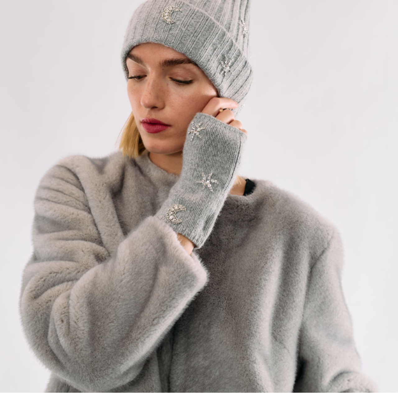 Cashmere Chunky Rib Cuffed Beanie with Hand Embroidered Stars and Moon- Light Heather Grey