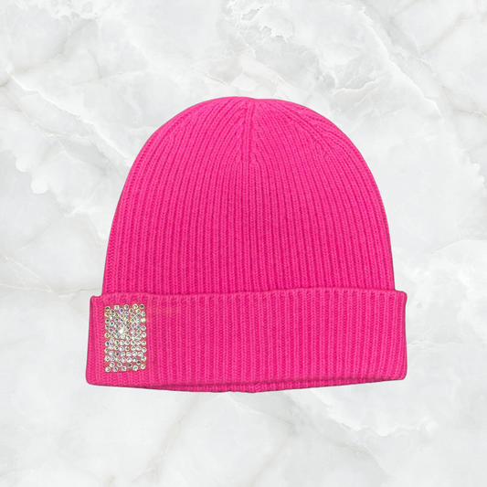 Cashmere Ribbed Cuffed Beanie w. Swarovski Crystal Tab